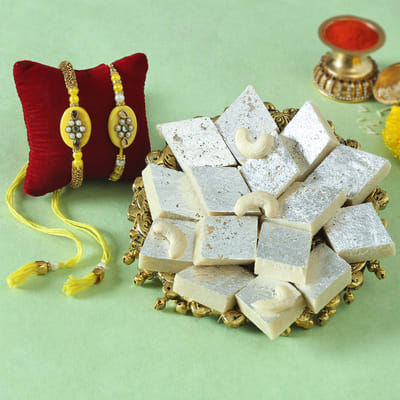 Kadi Kundan Bhaiya Bhabhi Rakhi with Kaju Katli