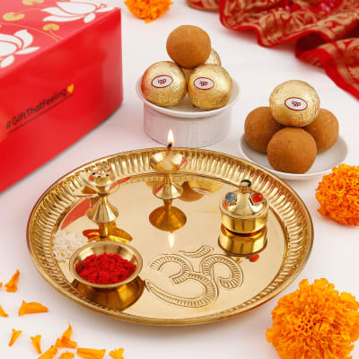 Buy/Send Karwa Chauth Puja Samagri With Om Puja Thali And Besan Laddoo ...