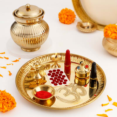 Buy/Send Karwa Chauth Puja Samagri With Om Puja Thali And Kalash Online ...