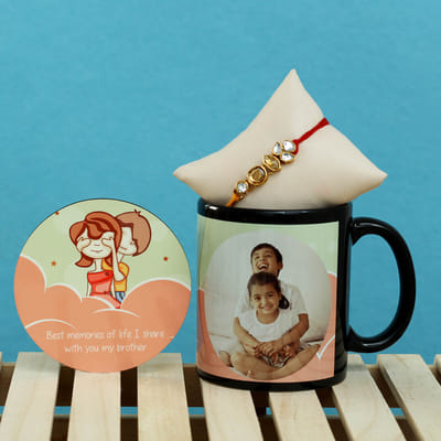 Kundan Rakhi with Personalized Black Mug and Coaster