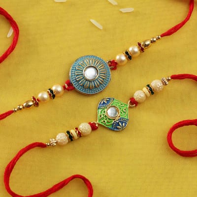 Kundan Stone Set of 2 Rakhis with Meena & Pearls Work