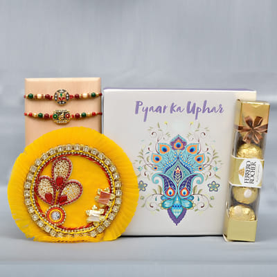 Meenakari Design Ganesha Rakhi Set with Fancy Puja Thali & Chocolates
