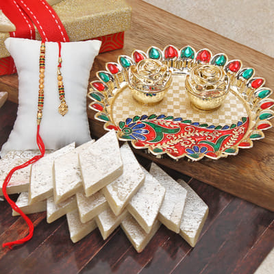 Meenakari Puja Thali with Bhaiya Bhabhi Rakhi & Sweets