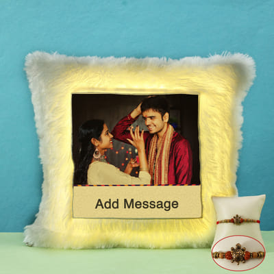 Metal Tortoise Rudraksh Rakhi with Personalized LED White Fur Cushion