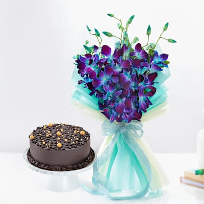 Midnight Truffle Cake And Blue Orchids Bouquet Combo