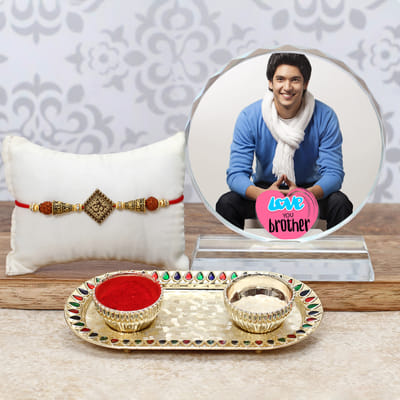 Om & Rudraksha Embellished Rakhi with Puja Thali & Personalized Crystal