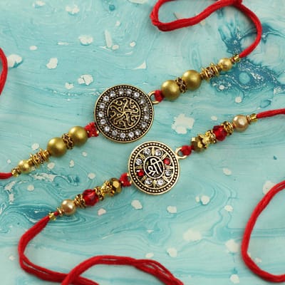 Oxidized Gold Finish with CZ & Colored Stone Rakhi