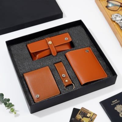 Premium Vegan Leather Wallet Set For Men - Tan