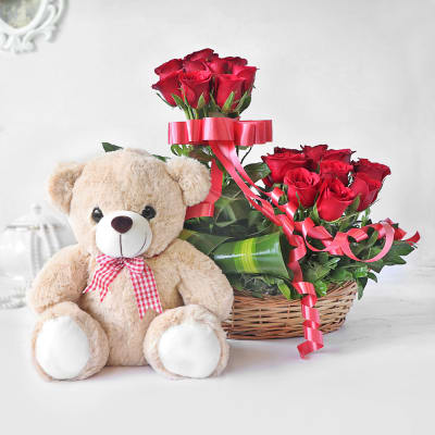 Order Red Roses in Basket with Cute Teddy Online at Best Price, Free ...