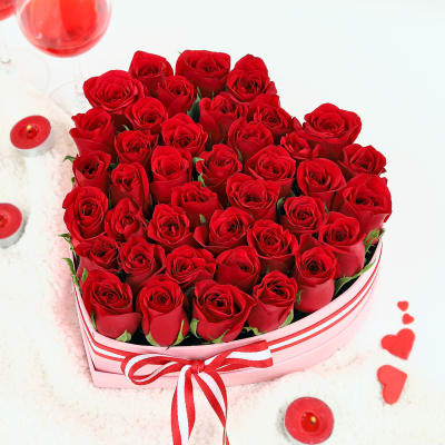 Red Roses in Heart Shaped Gift Box (40 Stems)