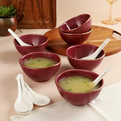 Regal Feast Set of 6 Soup Bowls N Spoons - Maroon