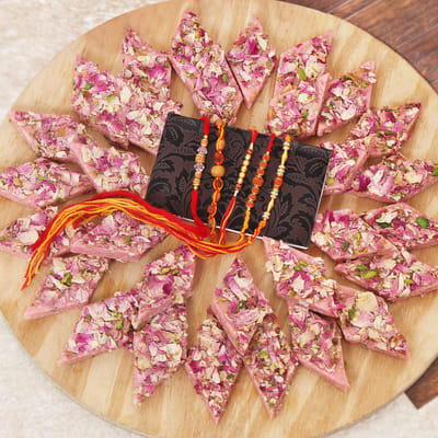 Rose Kaju Katli with Set of 5 Rakhis