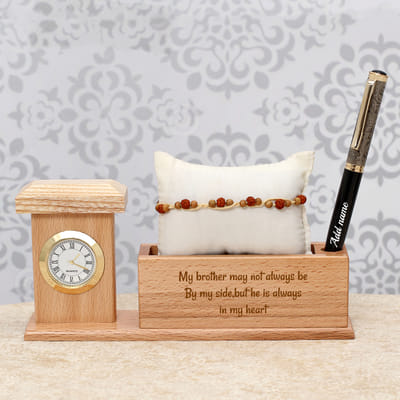 Rudraksh & Beads Embellished Rakhi with Personalized Pen Stand & Ball Pen