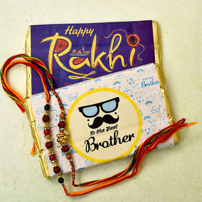 Set of 2 Rudraksha & Beads Work Rakhi with Chocolate Almond Bars