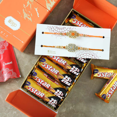 Set of 2 Stone Rakhi with Cadbury Chocolates in Gift Box