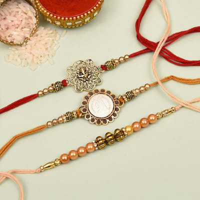 Buy/Send Set of 3 Antique Metallic Rakhi Online | IGP | L11116562