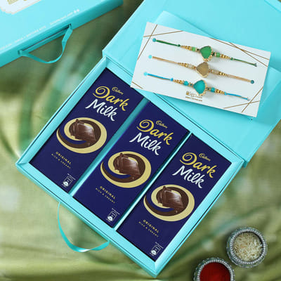 Set of 3 Multicolored Stone Rakhi with Cadbury Chocolates in Gift Box