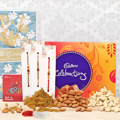 Set of 3 Rakhi Hamper with Cadbury Celebrations & Dry Fruits