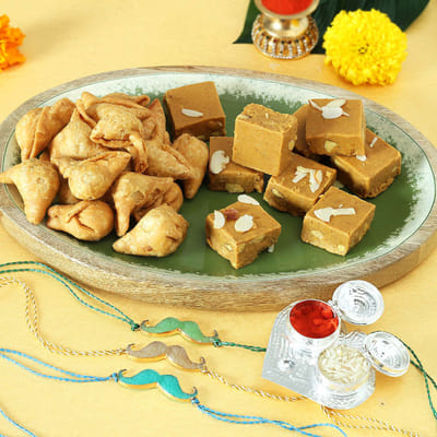 Set of 3 Stone Rakhi with Chana Badam & Cocktail Samosa Hamper