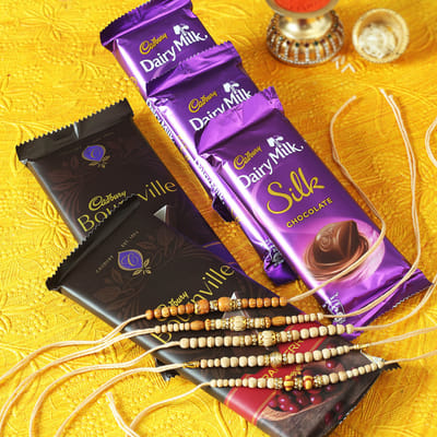 Set of 5 Sandalwood Beads Rakhi with Dairy Milk Chocolates (5 Pcs)