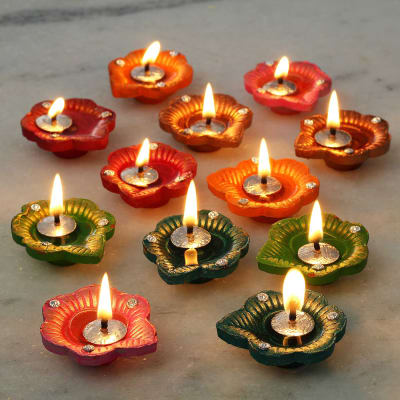 Set of 9 Painted & Decorated Diyas with Wax. Diwali Decorations & Gifts