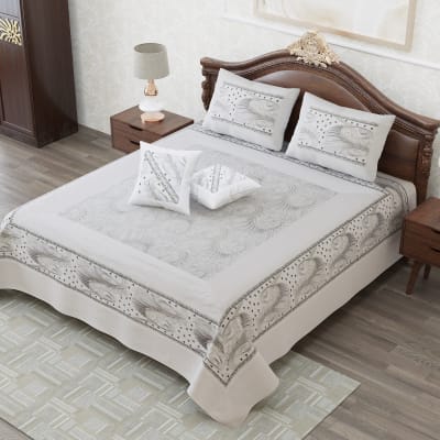 Silk Embroidered Patchwork Double Bedcover - White (Set of 5)