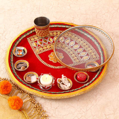 Stainless Steel Pooja Thali with Chalni: Gift/Send Karwa Chauth Gifts ...