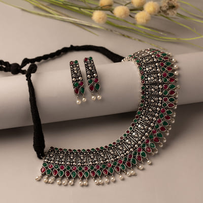 Pearls Silver Oxidised Choker Set 
