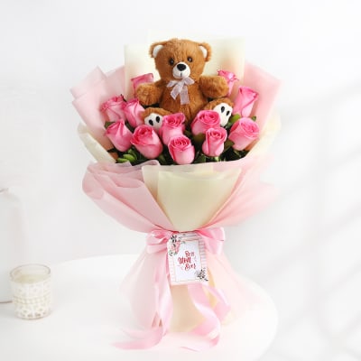 Pink Teddy Bear Roses girlfriend Easter Mum Gift Flowers birthday present 