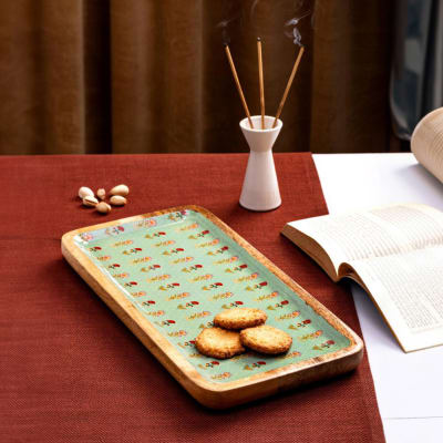 Wooden Platter - Mughal Flowers - Green - Single Piece