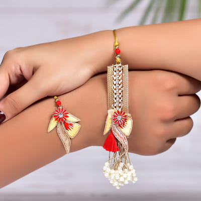 Zardozi Work Bhaiya Bhabhi Rakhi with Moti Tassels