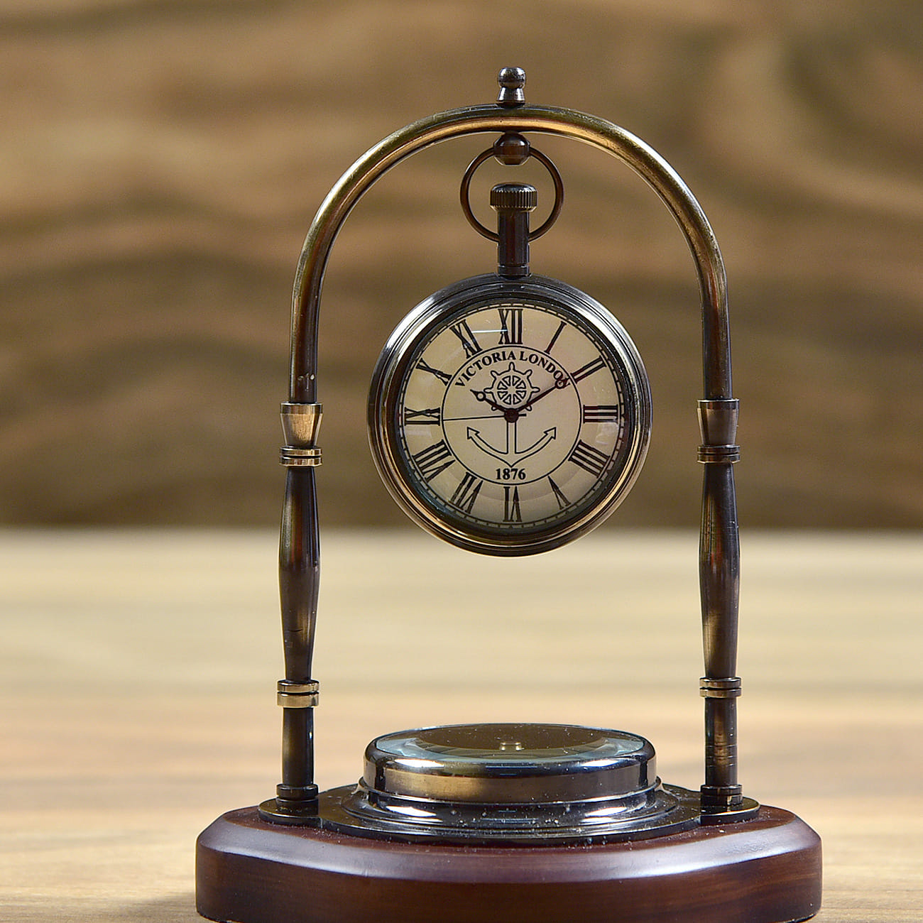 Antique Finish Brass Victoria London Desk Clock With Compass On Sheesham Wood Base