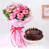 Blissful Chocolate Cake With Blooming Pink Roses Bouquet Online