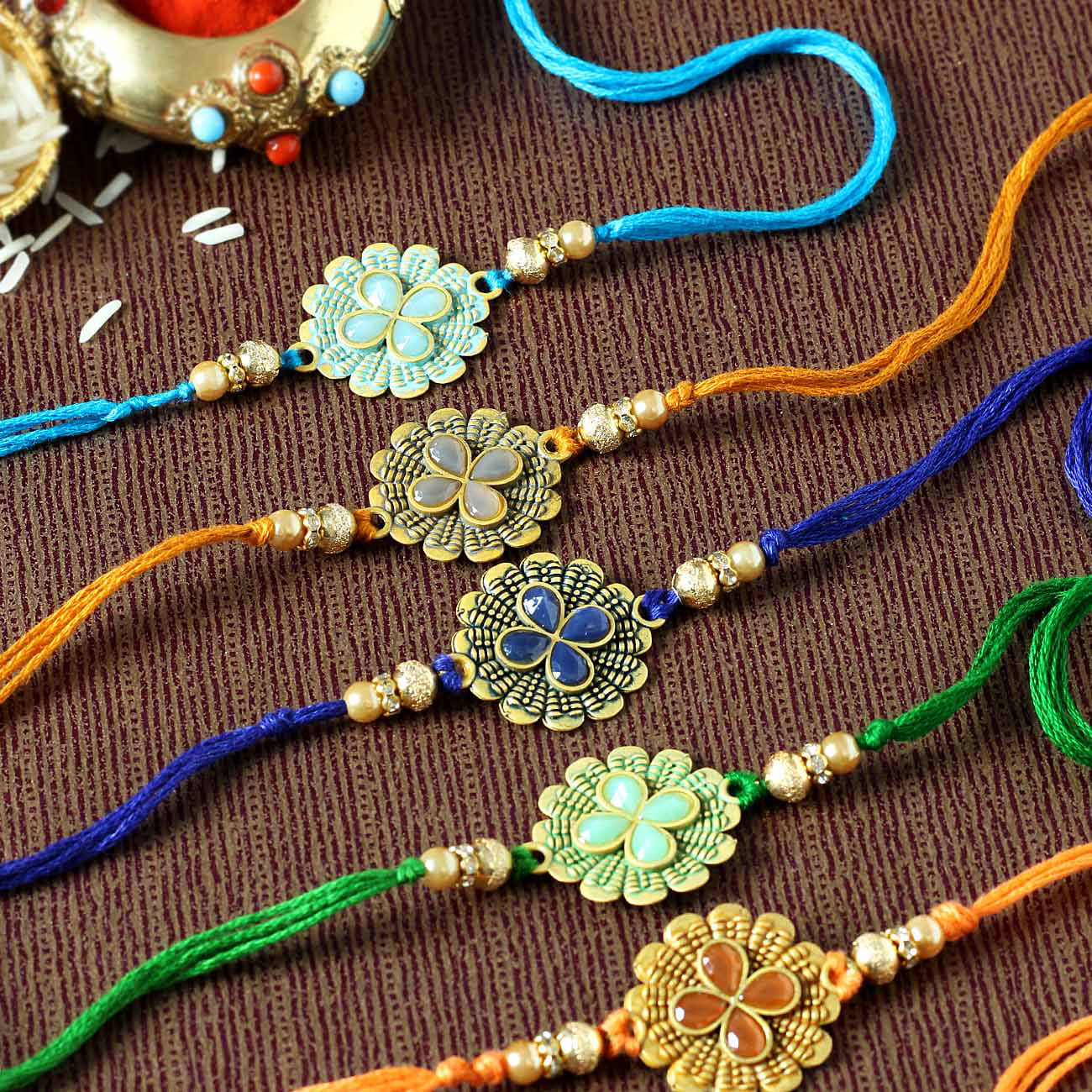 Flower Rakhi with Stone & Meena Work