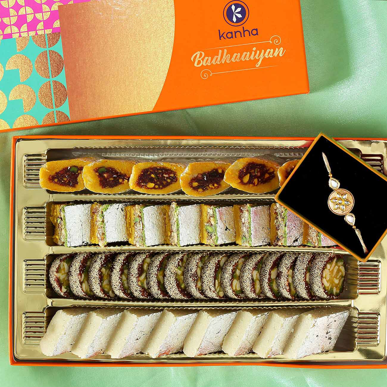 Meena Kundan Work Rakhi With A Box Of Assorted Sweets